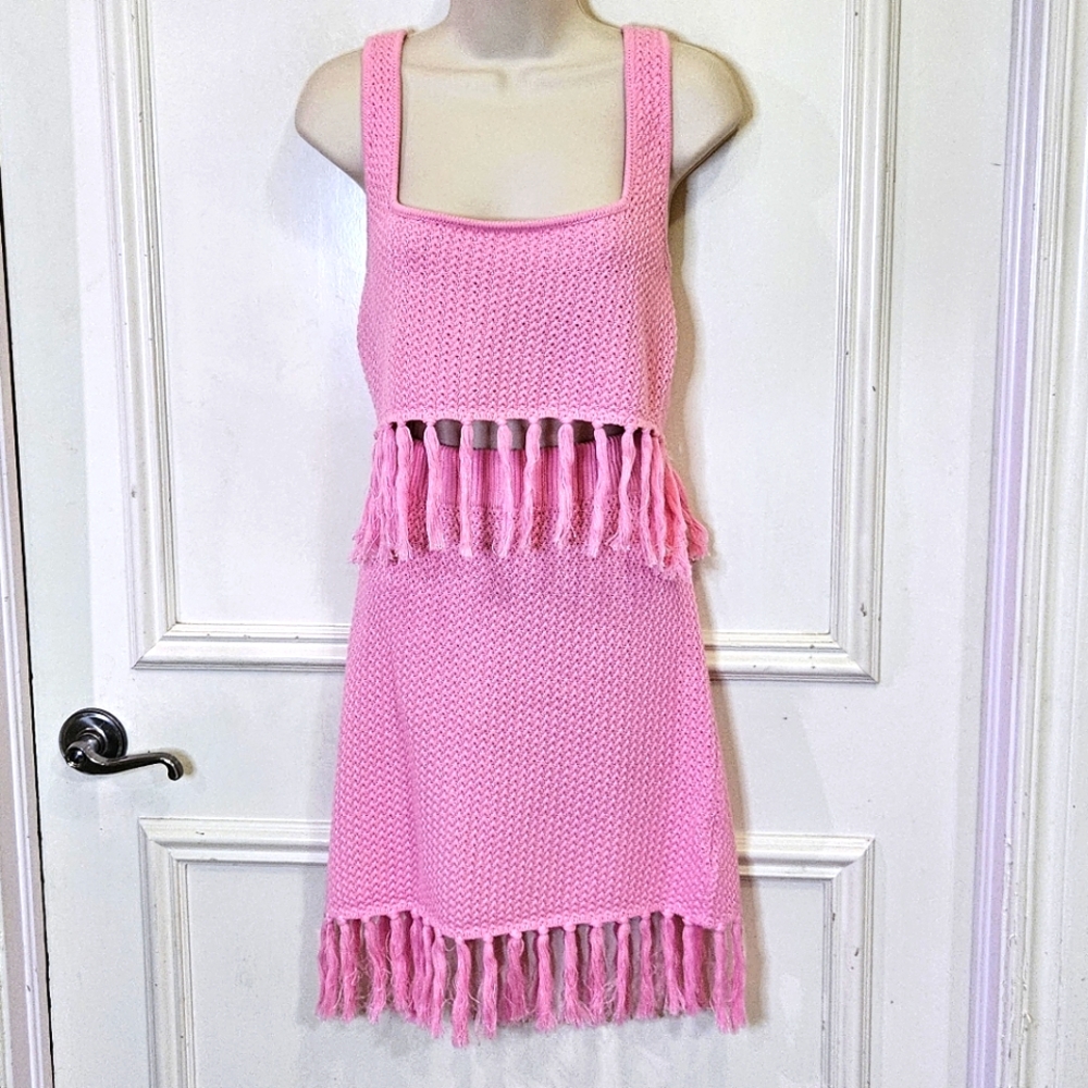 LE LIS Pink Knit Fringe Sleeveless  2-Piece Mini Dress,Large,NWT
